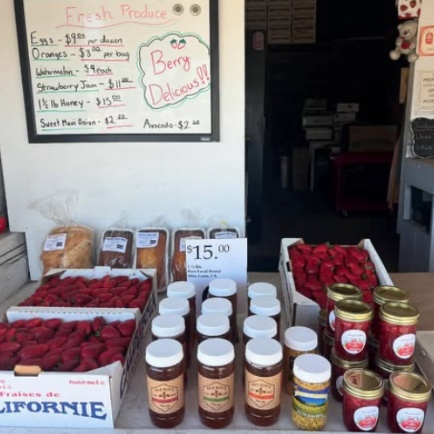 Pure local honey, homemade strawberry jam, farm eggs, and artisan bread at Nicolson farm stand